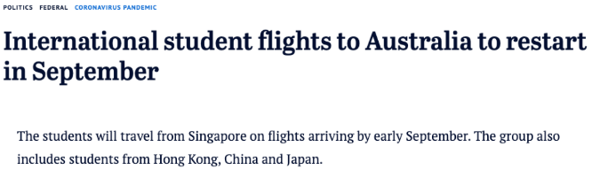 9月初，南澳地区第一批留学生返澳计划公布，中国学生包含在内...